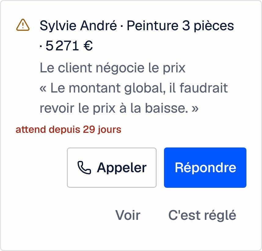 Sylvie André négocie le prix : sa phrase exacte, le montant du devis, et les boutons Appeler et Répondre