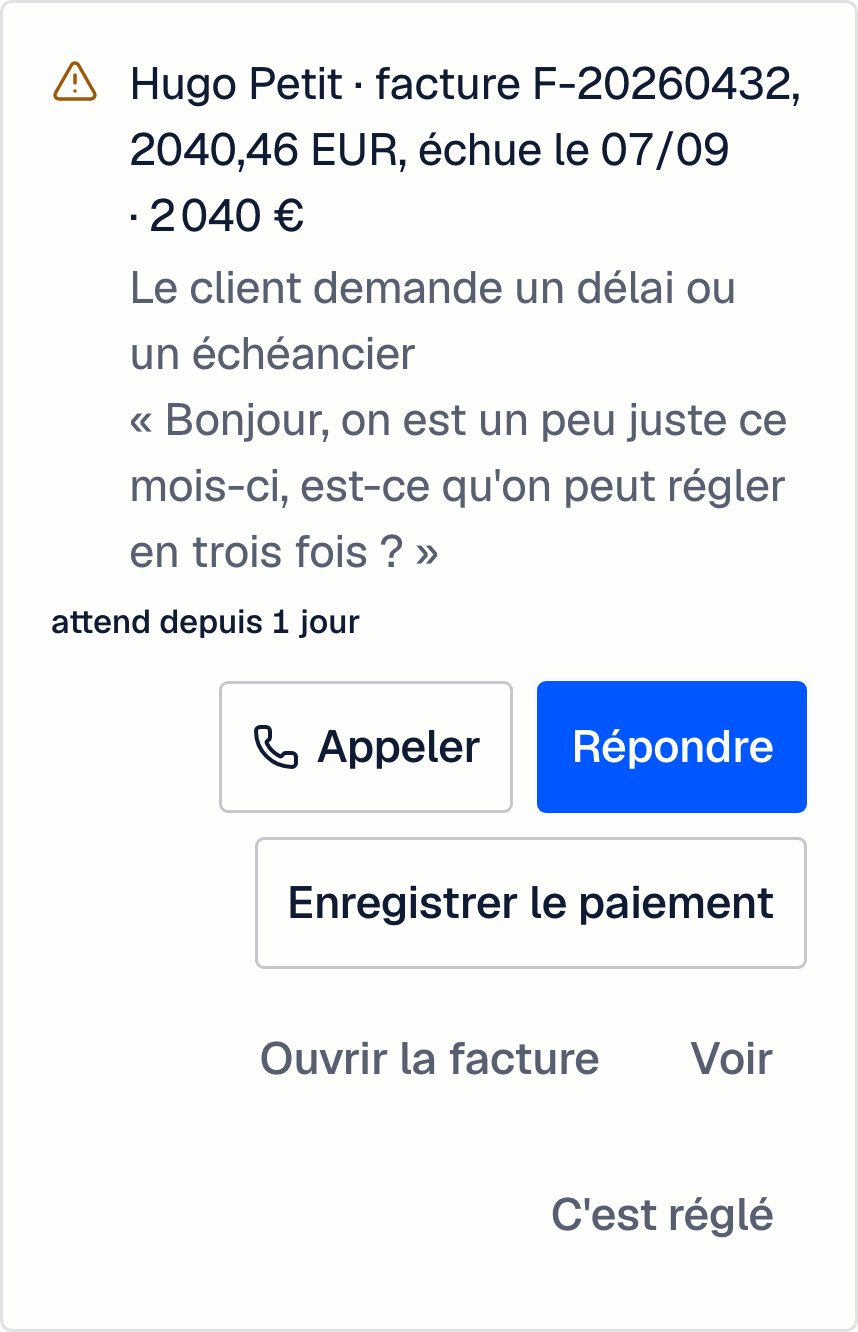 Hugo Petit demande à régler en trois fois : sa phrase exacte, la facture, et les boutons Appeler, Répondre et Enregistrer le paiement