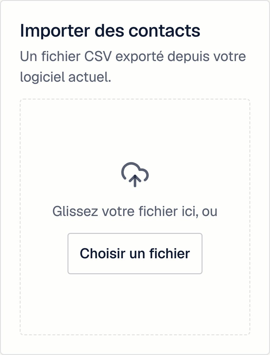 Le bloc Importer des contacts : on glisse le fichier exporté de son logiciel, ou on le choisit