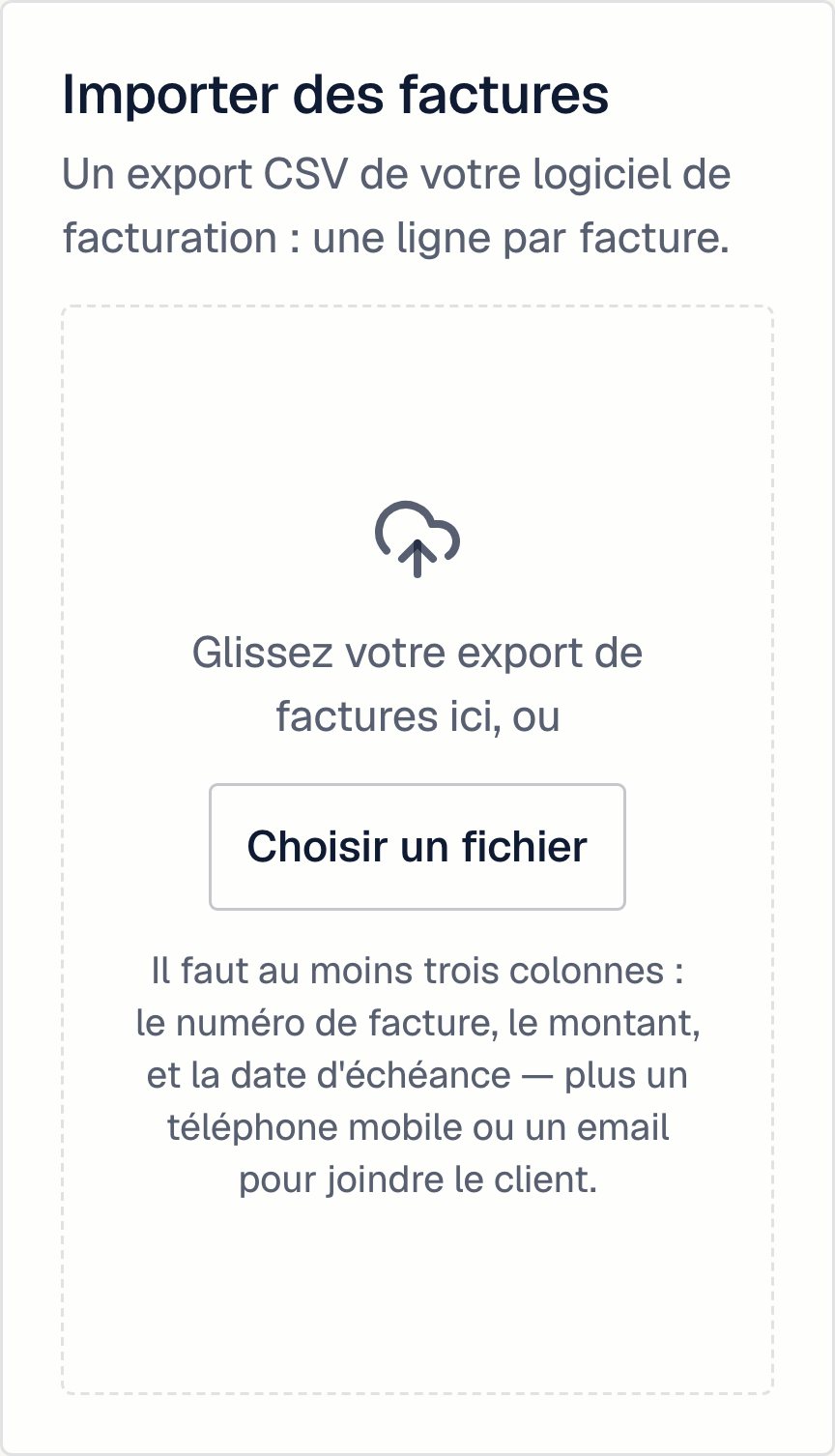 Le bloc Importer des factures : un export CSV du logiciel de facturation, une ligne par facture