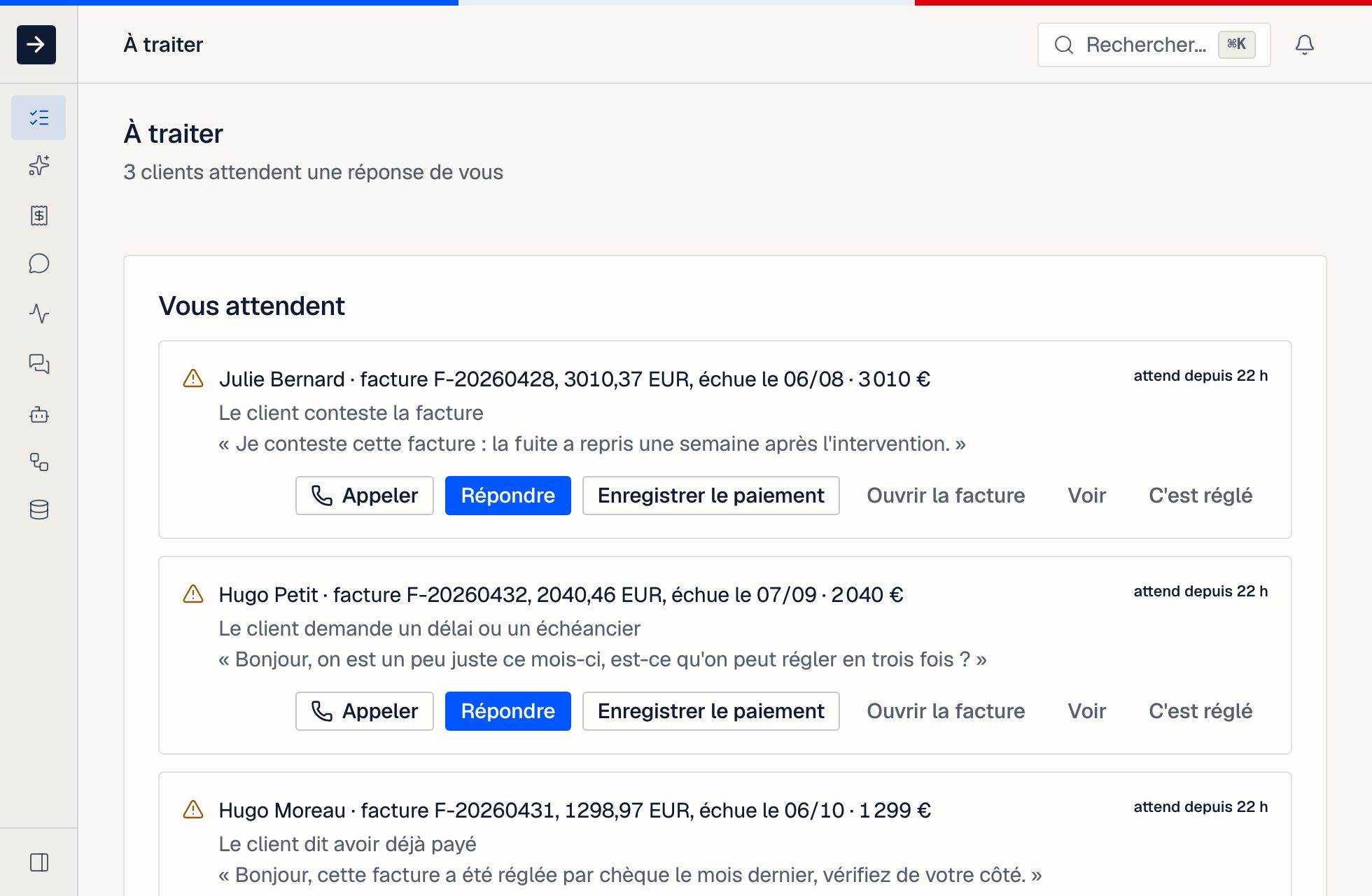 L'écran À traiter côté factures : les clients qui ont répondu, avec leur phrase exacte