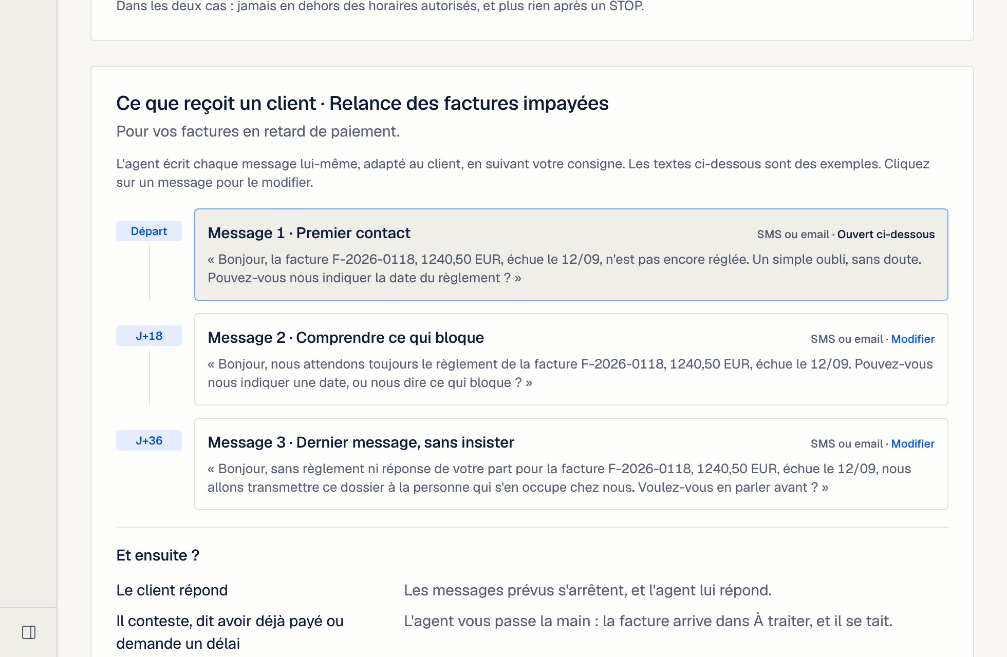 L'écran Relances côté factures : les trois messages, au départ, à J+18 et à J+36, avec un exemple de chacun